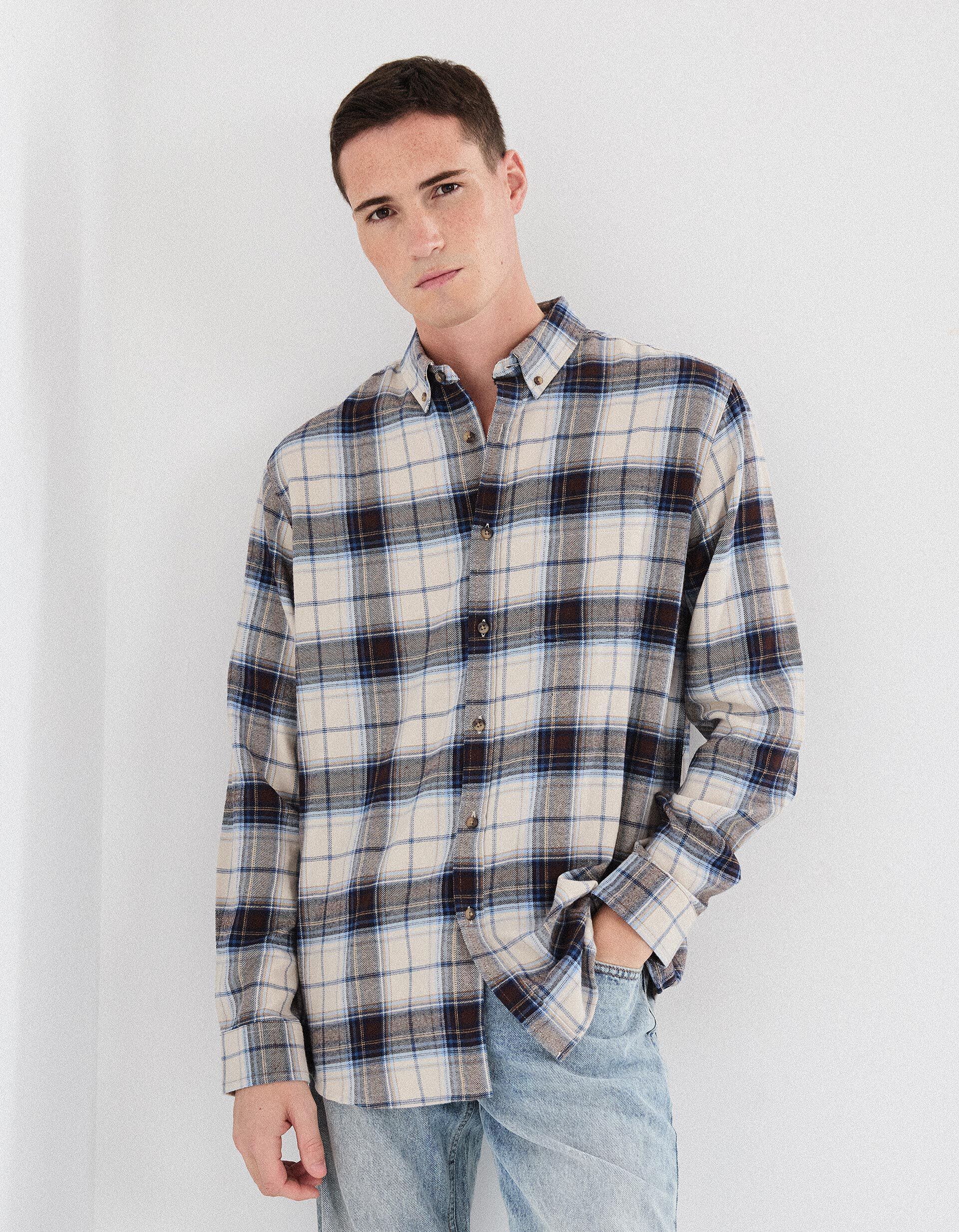 Comprar Online Camisa Flanela de Xadrez, Homem, Bege Claro