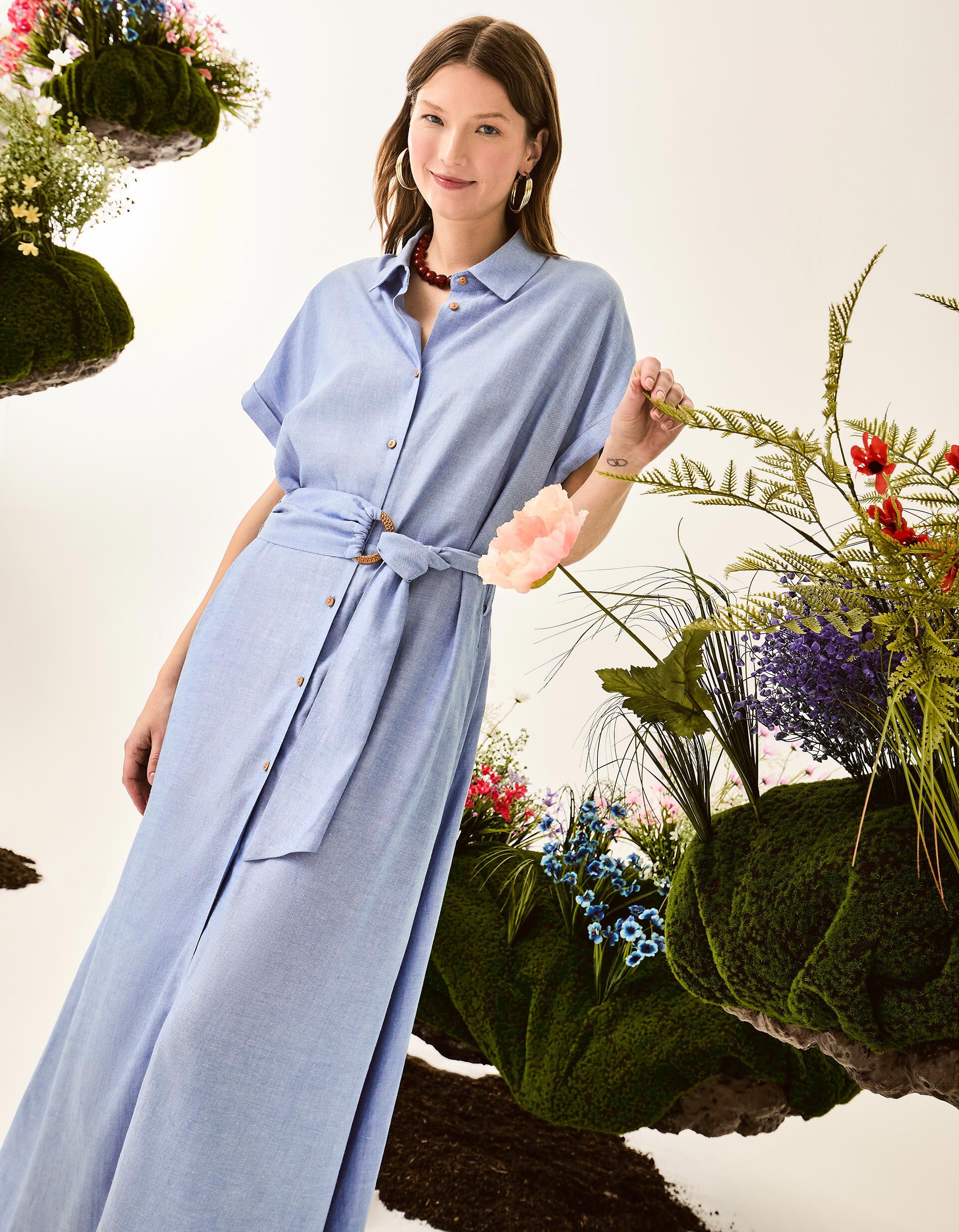 Comprar Online Vestido com Linho, Mulher, Azul 