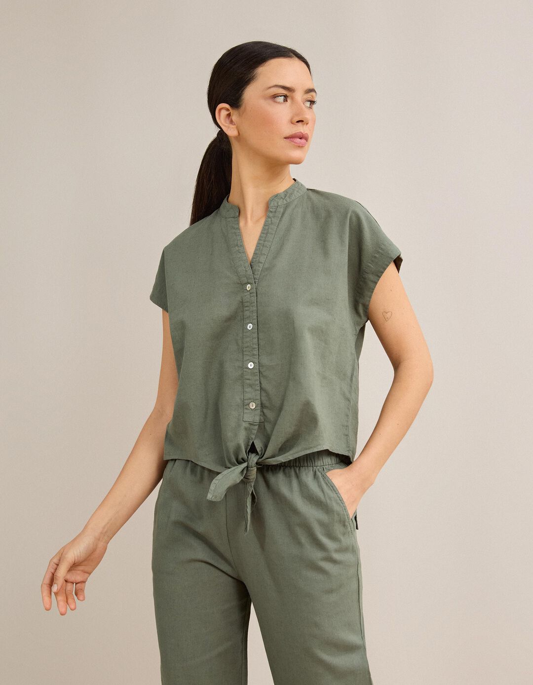 Blusa Com Linho, Mulher, Verde Escuro
