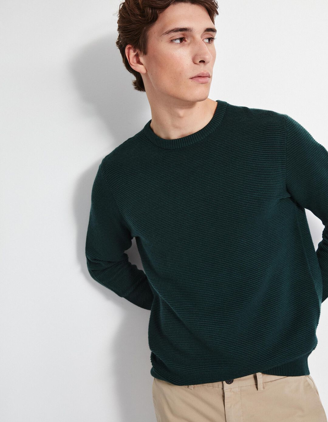 Camisola Malha Otomana Decote Redondo, Homem, Verde Escuro