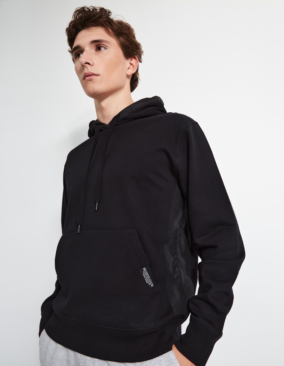 Sweatshirt de Felpa Detalhes Nylon Capuz, Homem,Preto
