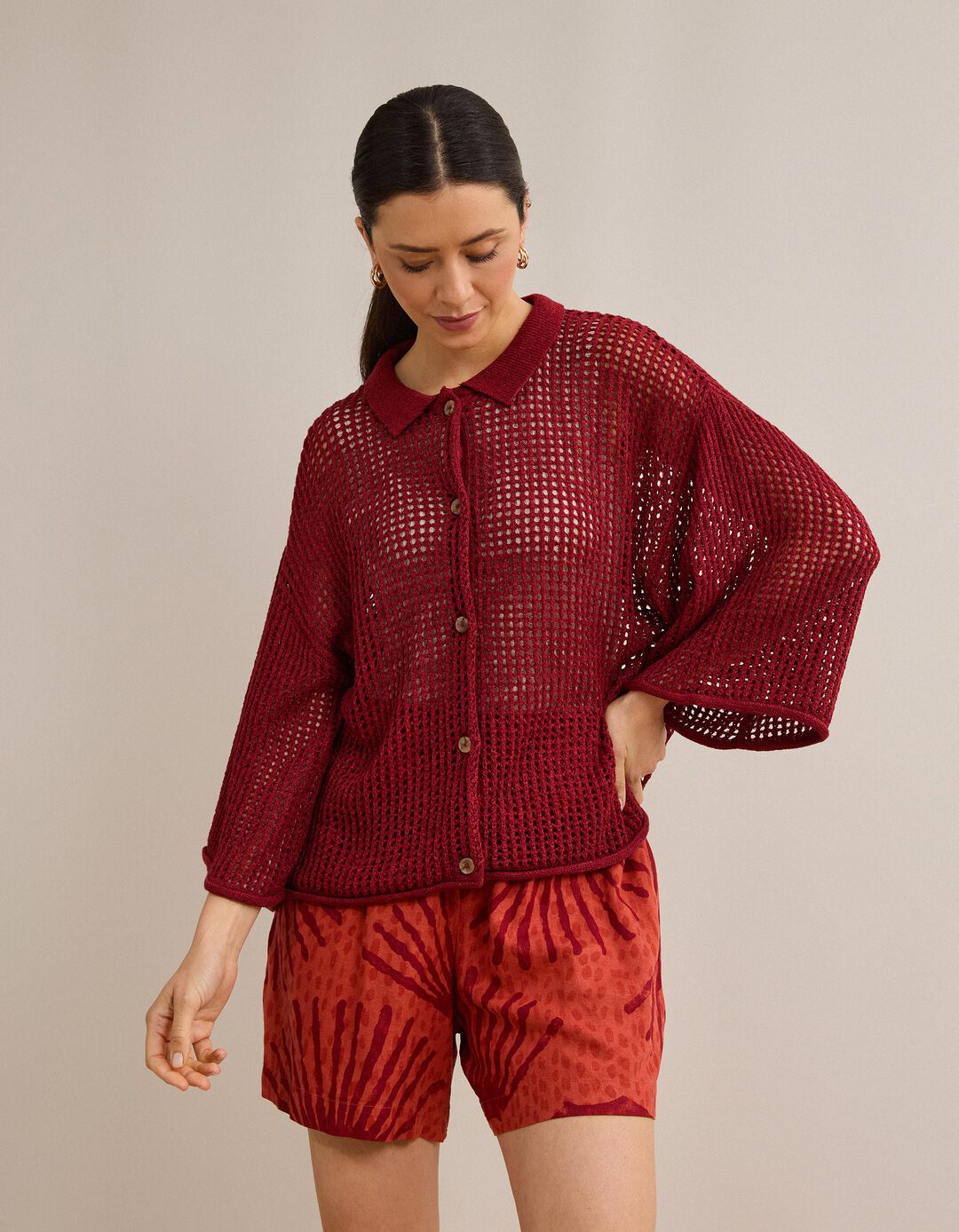 Camisa Tricotada, Mulher, Vermelho Escuro
