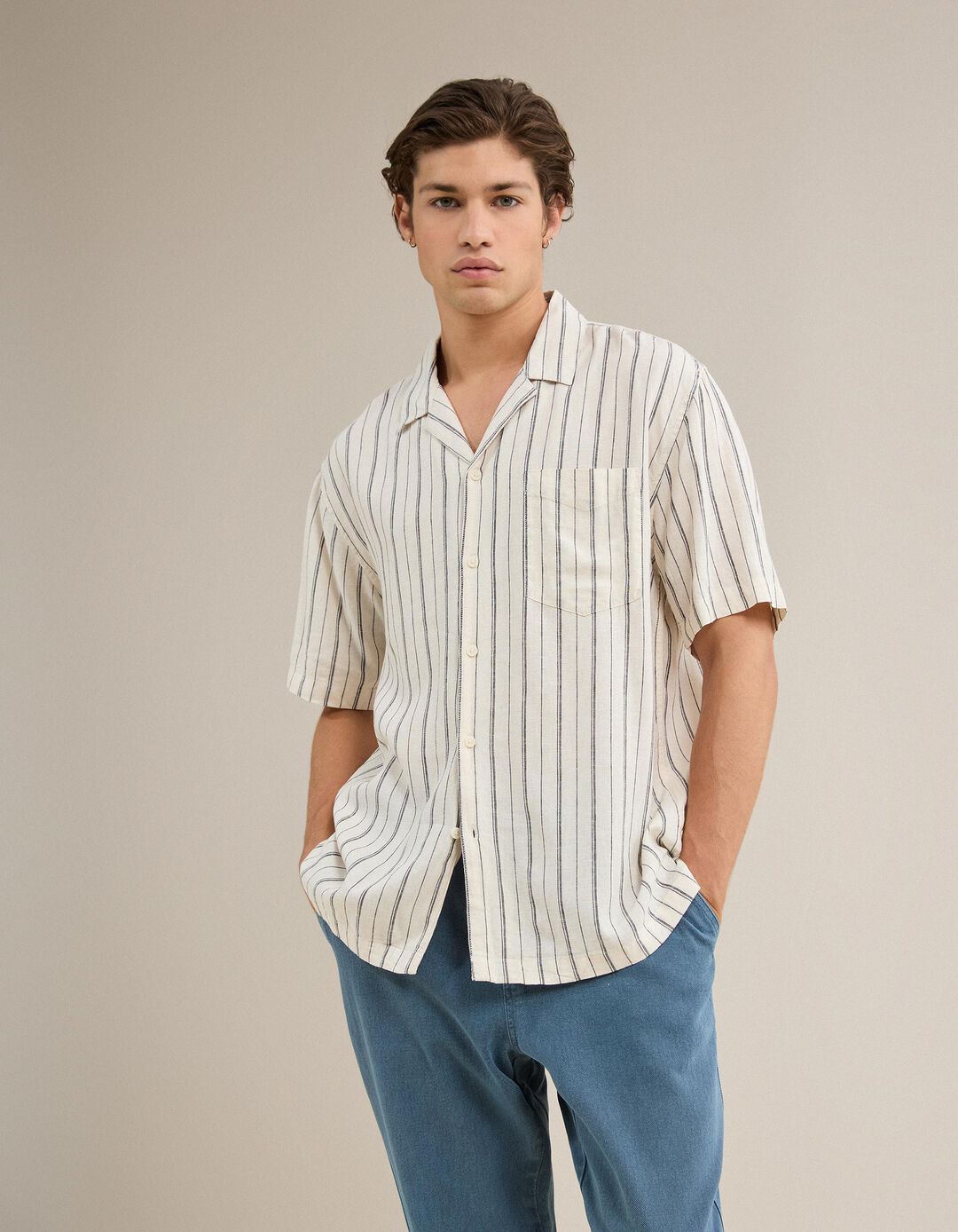 Camisa Com Linho, Homem, Bege Claro