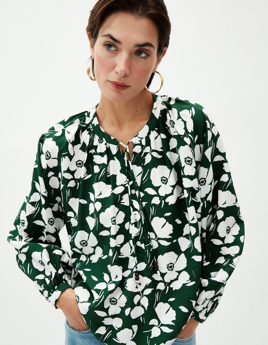 Blusa Rústica Estampada de Manga Comprida, Mulher, Verde Escuro