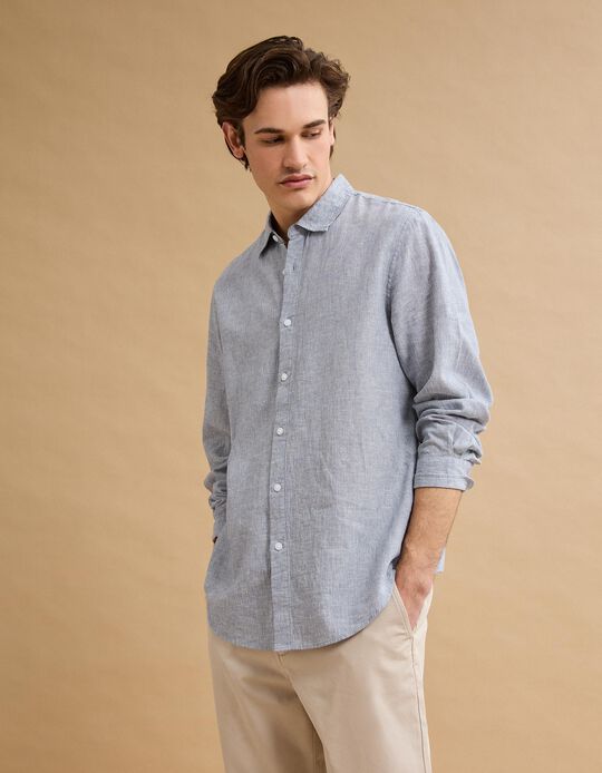 Comprar Online Camisa Riscas com Linho, Homem, Azul Escuro