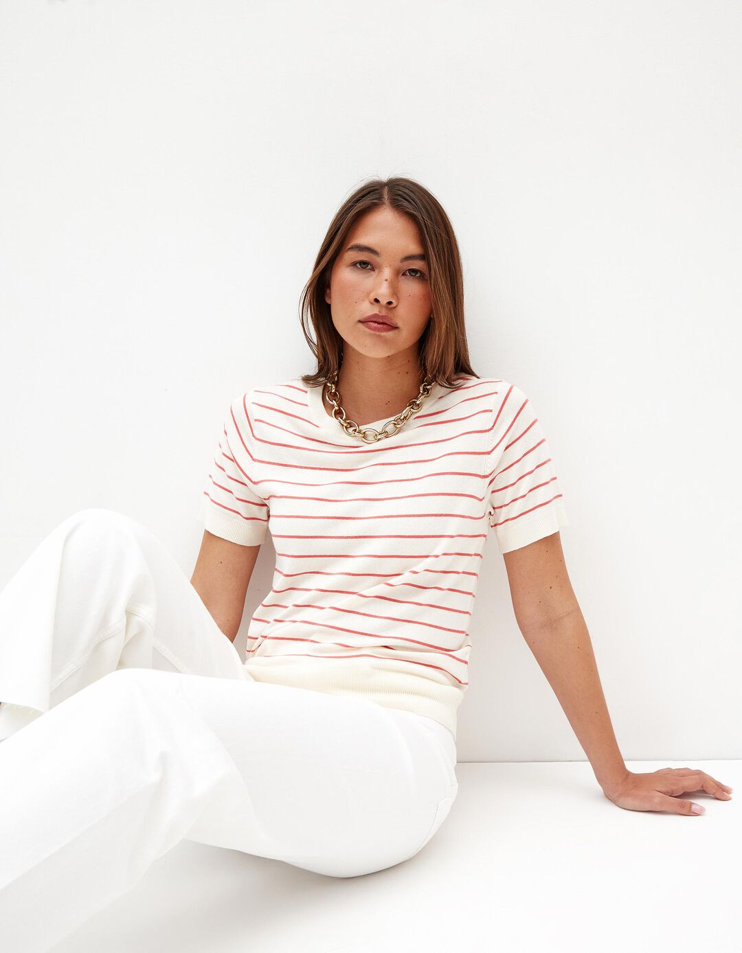 T-shirt de Malha Riscas, Mulher, Bege 