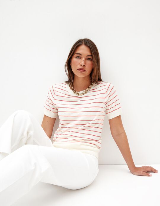 Comprar Online T-shirt de Malha Riscas, Mulher, Bege 