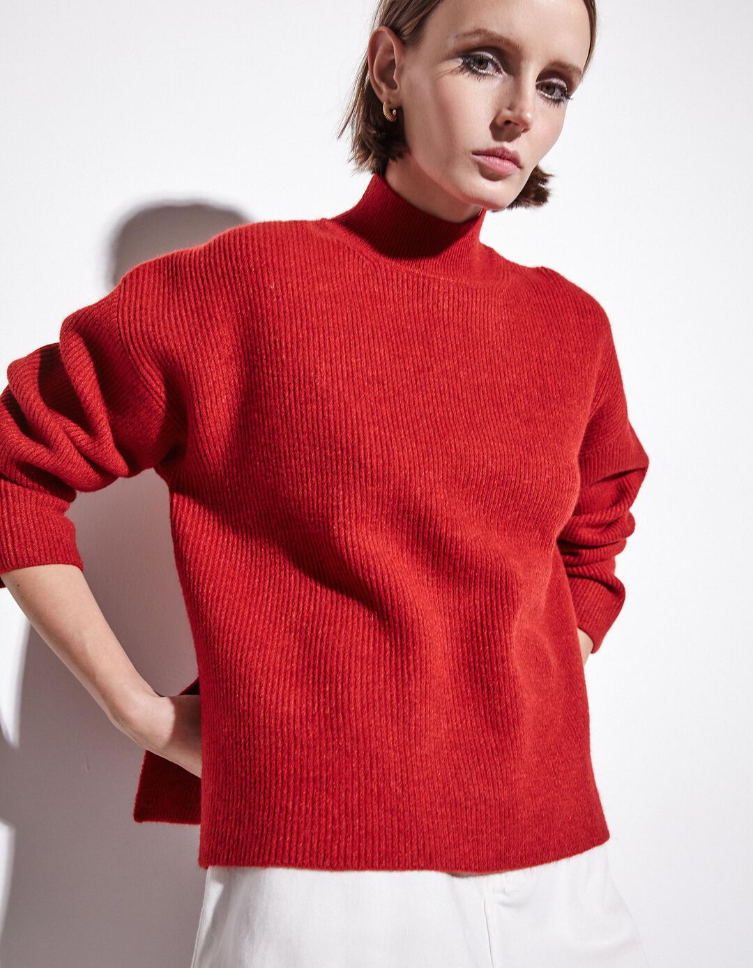 Camisola de Malha Gola Subida, Mulher, Vermelho