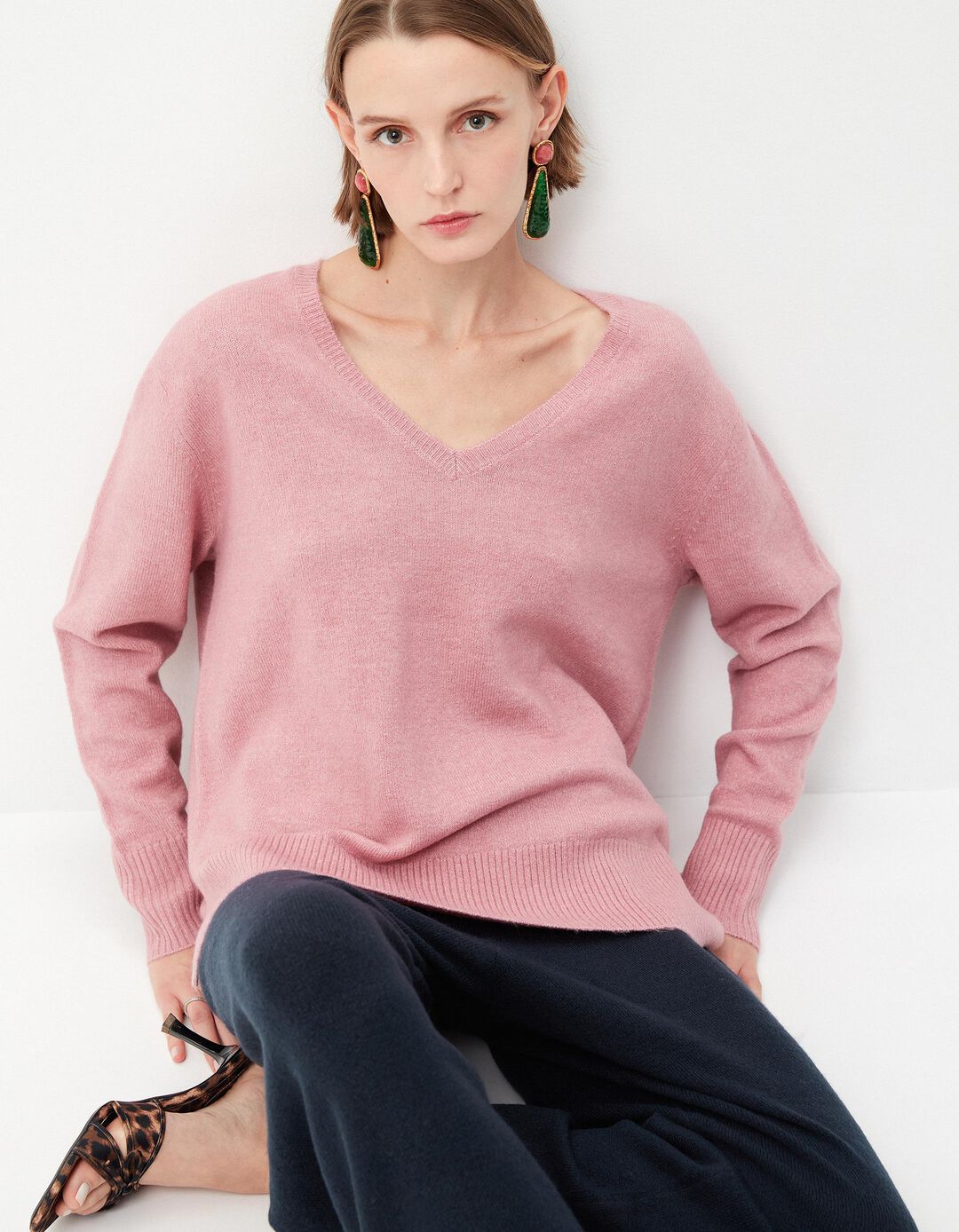 Camisola de Malha Decote em V, Mulher, Rosa