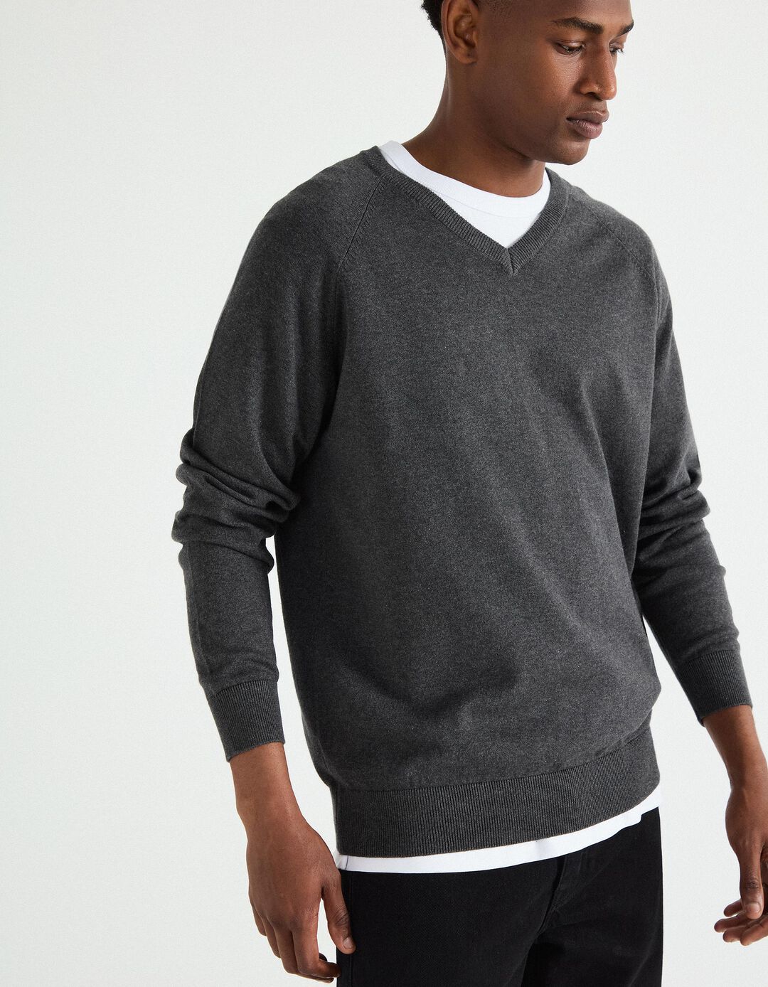 Camisola de Malha Decote em V, Homem, Cinzento Escuro