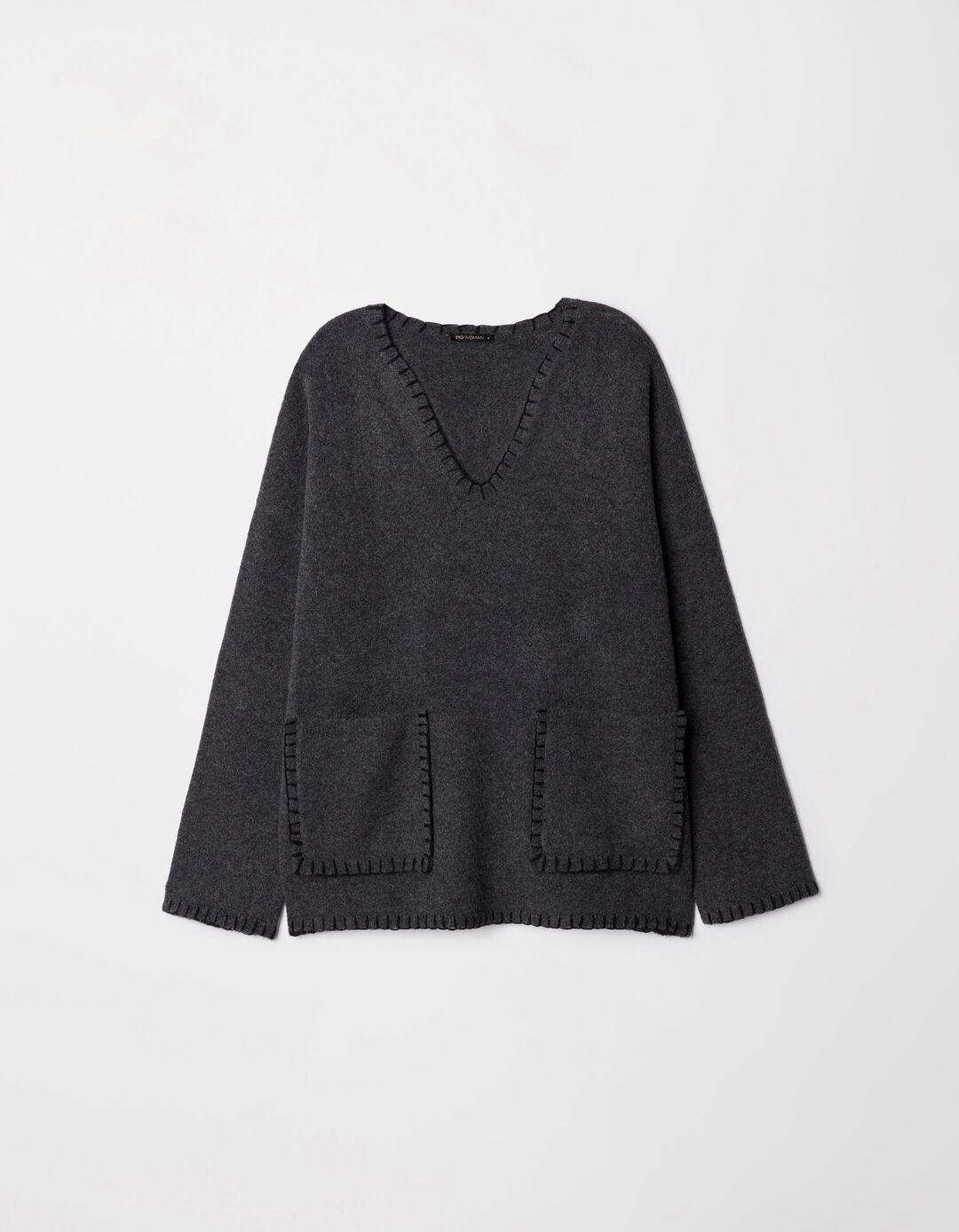 Camisola de Malha Decote em V, Mulher, Cinzento Escuro