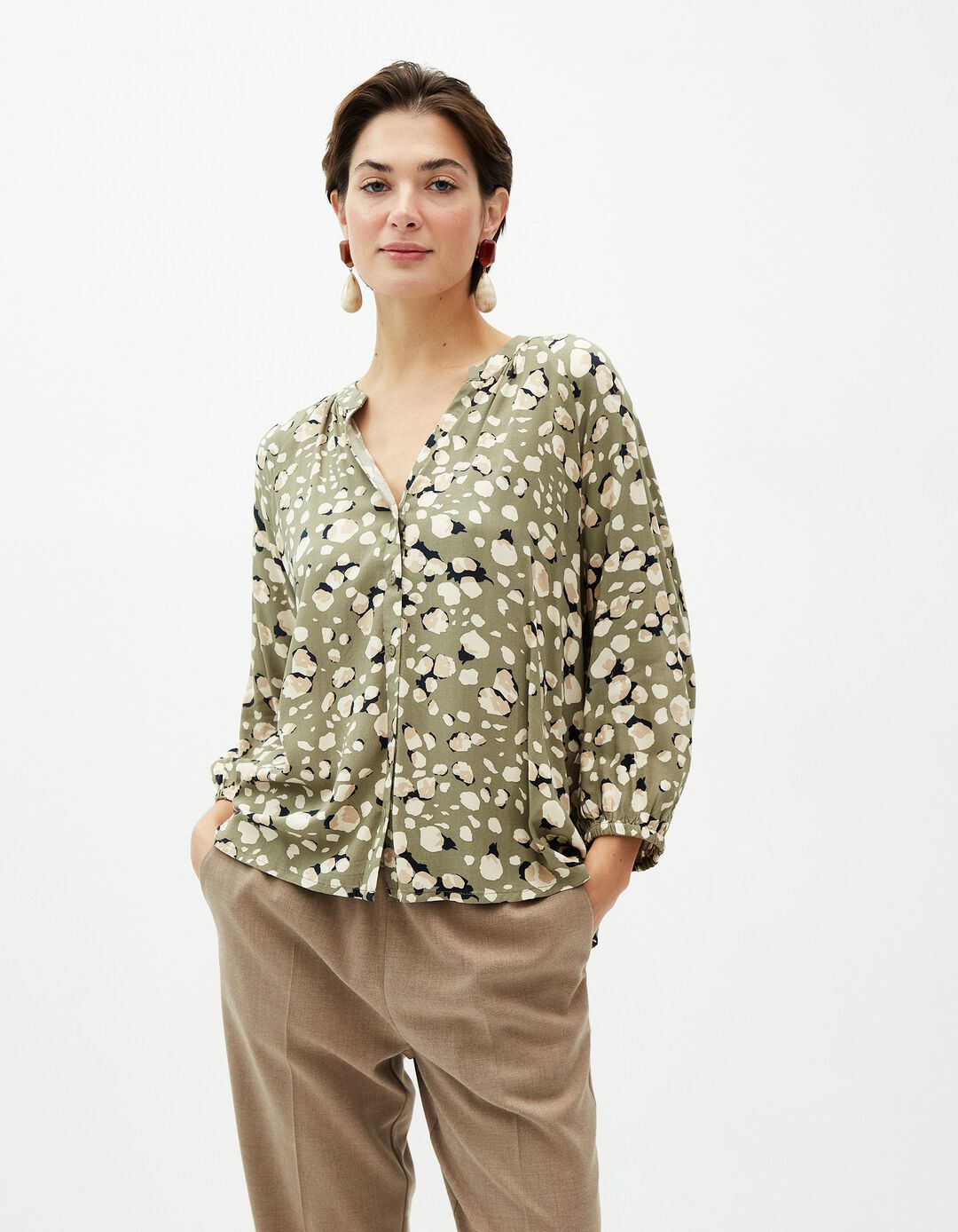 Blusa Estampada Decote em V, Mulher, Verde Escuro