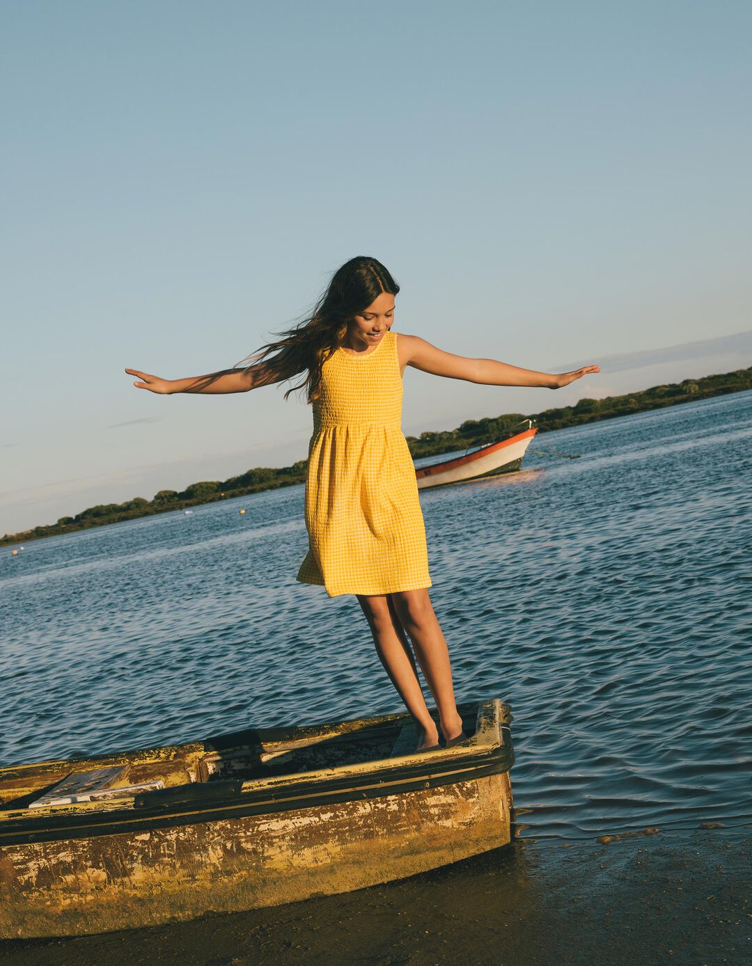 Vestido com Padrão Vichy, Menina, Amarelo Escuro