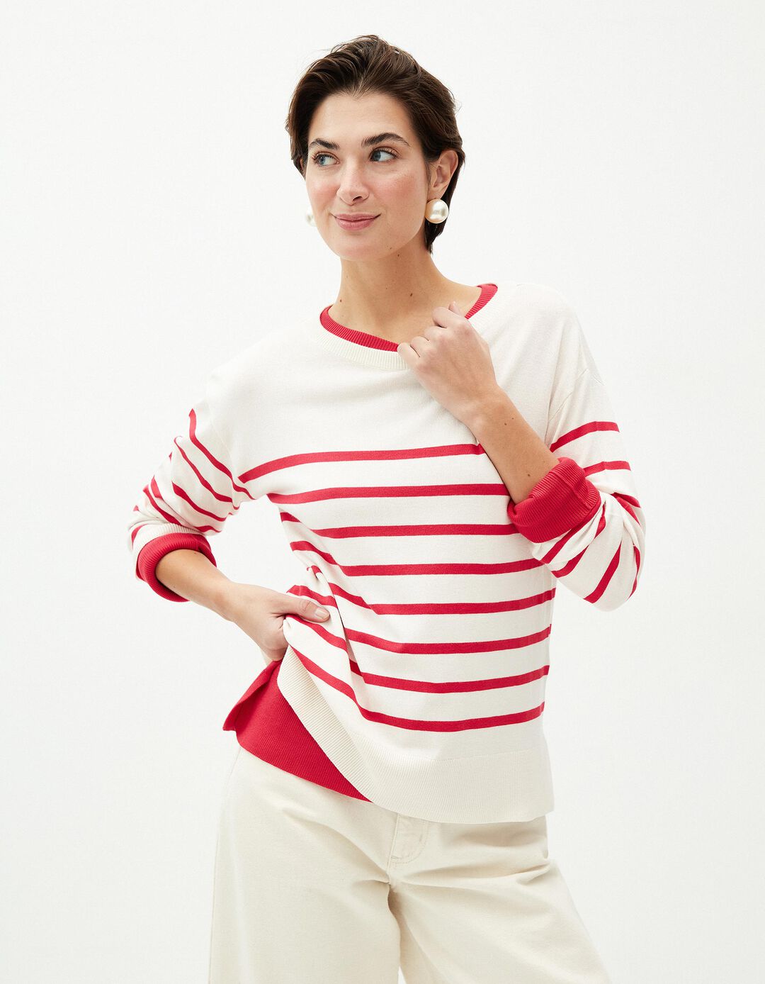 Camisola de Malha Riscas, Mulher, Bege Claro
