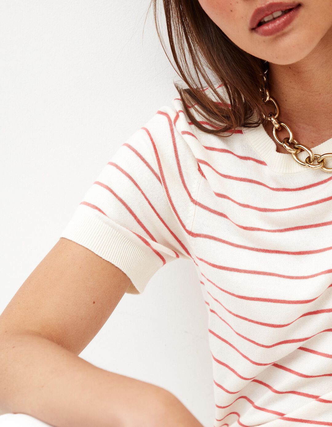 T-shirt de Malha Riscas, Mulher, Bege 