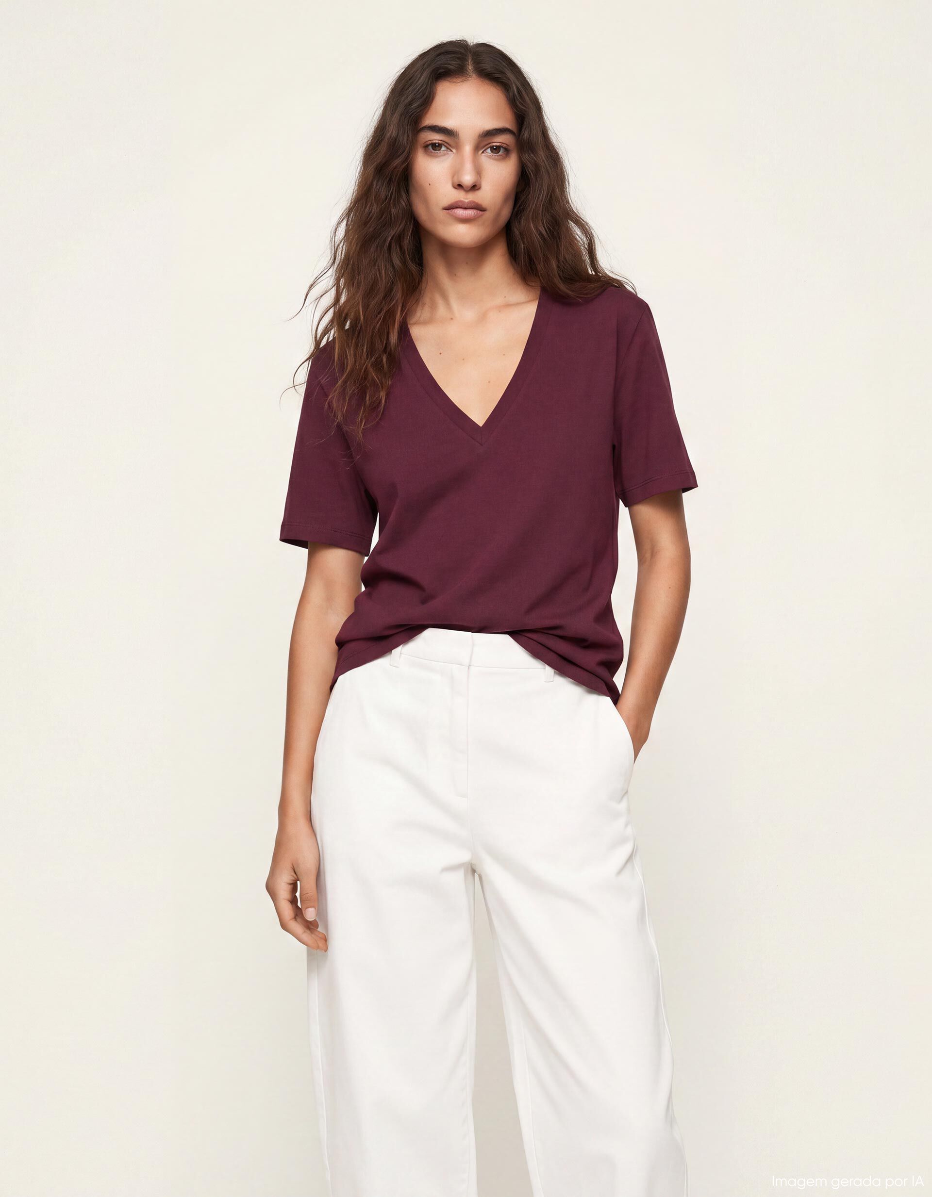 Comprar Online T-shirt Decote em V, Mulher, Vermelho Escuro