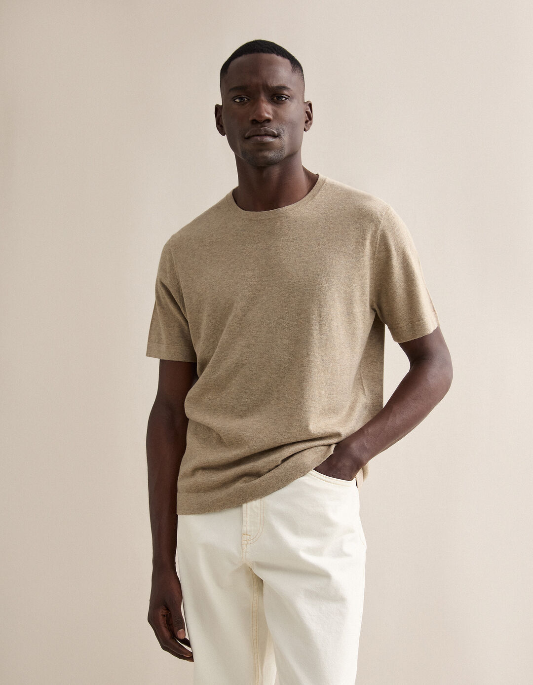 T-shirt de Malha com Caxemira, Homem, Bege Claro