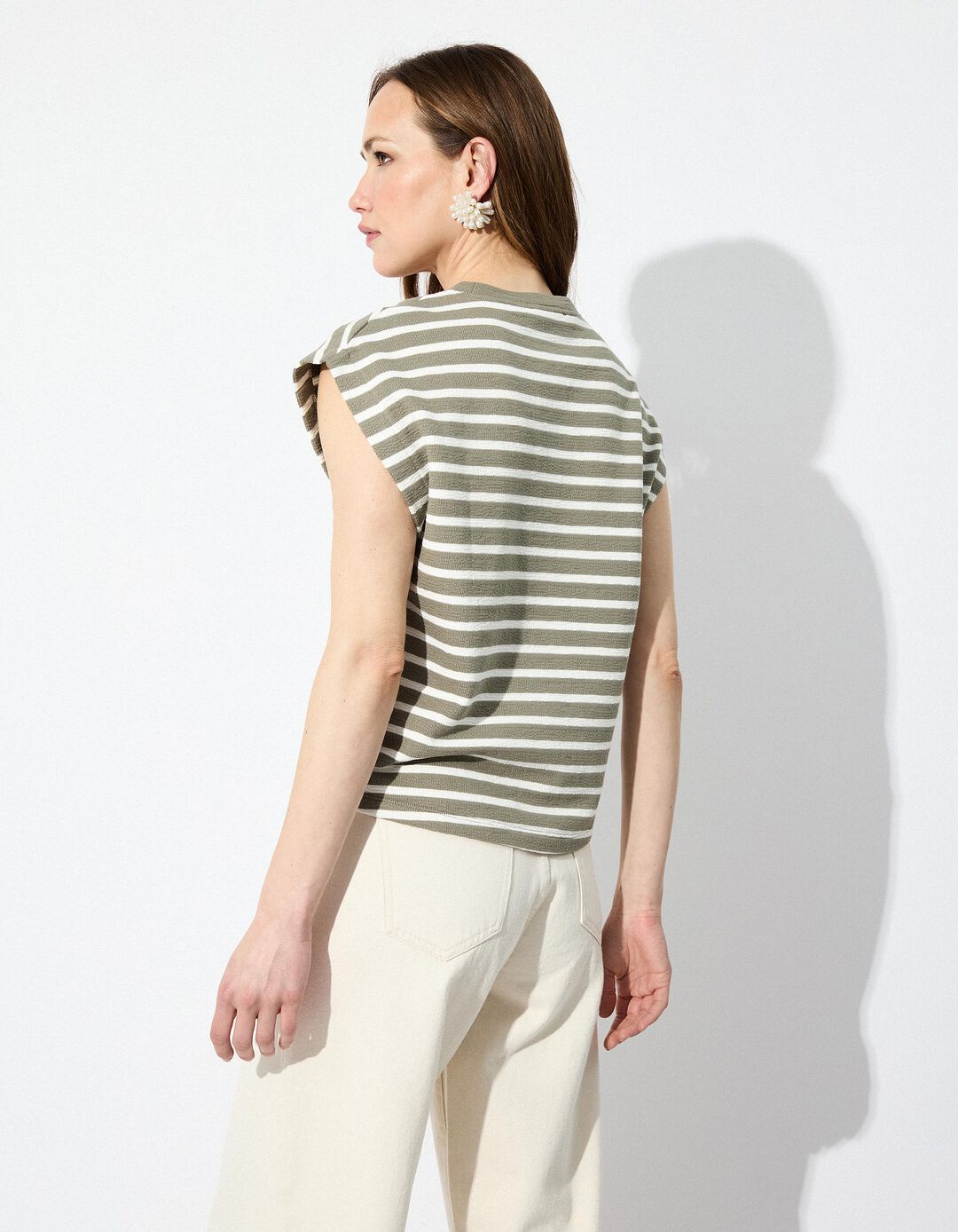 T-shirt Riscas sem Mangas, Mulher, Verde Escuro 