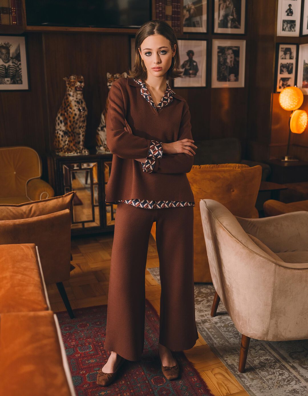 Cal&ccedil;as de Malha, Mulher, Castanho Escuro