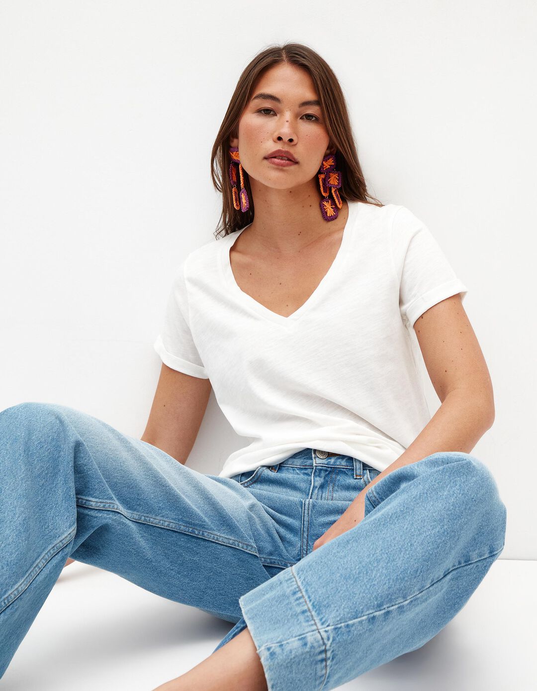 T-shirt Decote em V, Mulher, Bege Claro