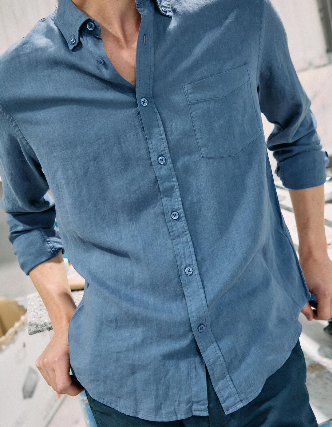 Camisa com Linho, Homem, Azul