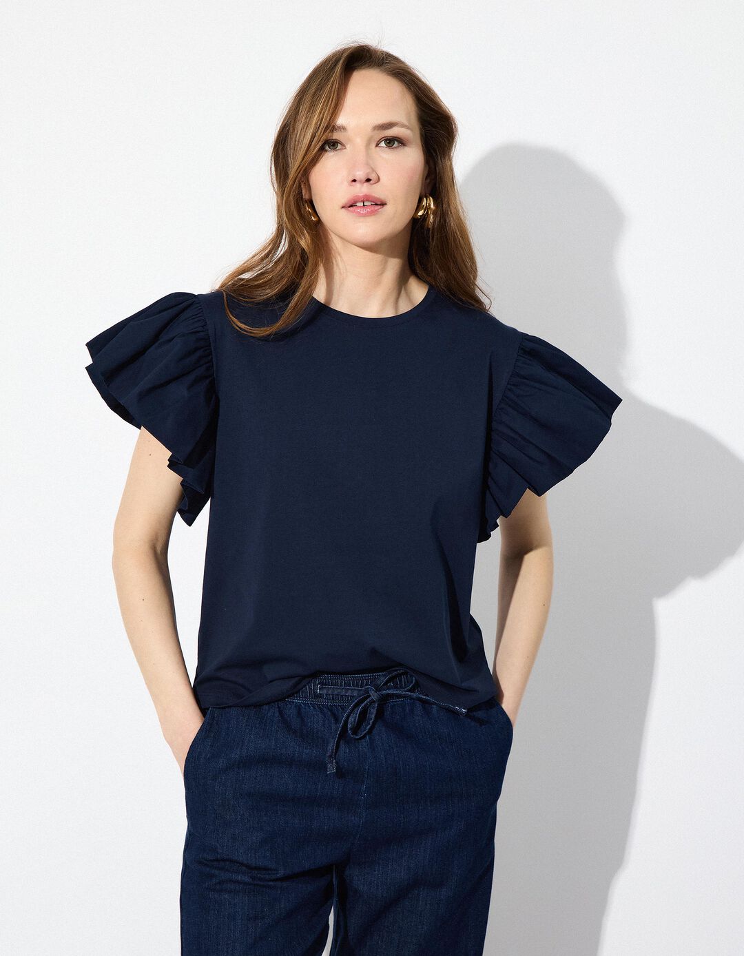 T-shirt com Mangas de Folhos, Mulher, Azul Escuro 