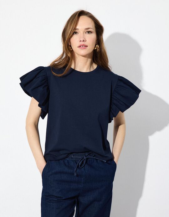 Comprar Online T-shirt com Mangas de Folhos, Mulher, Azul Escuro 