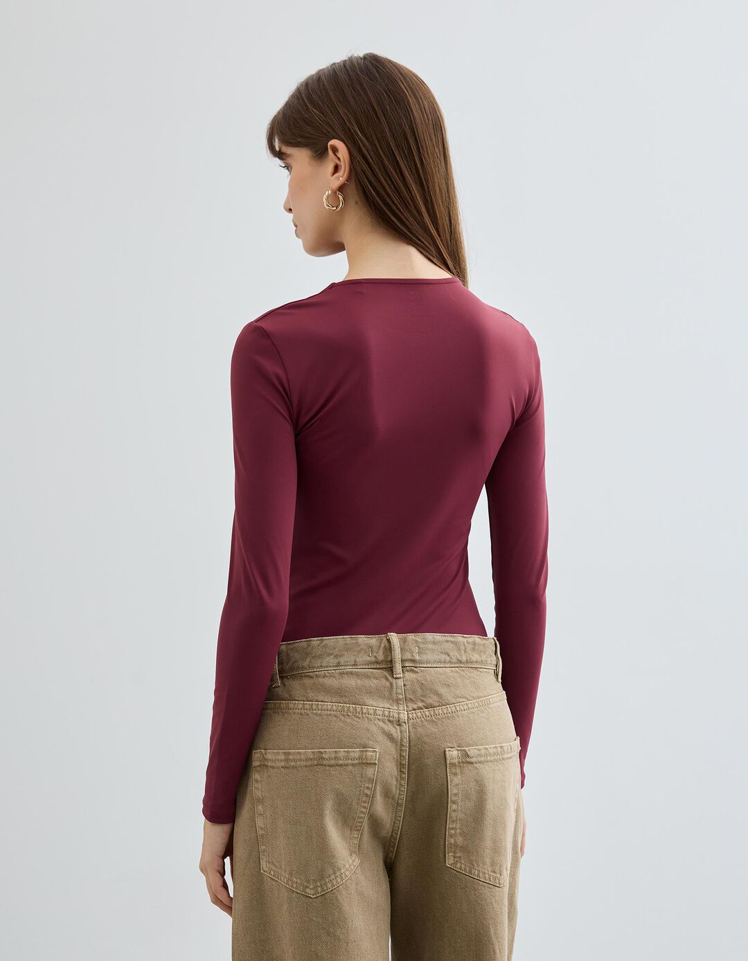 Body de Manga Comprida, Mulher, Vermelho Escuro