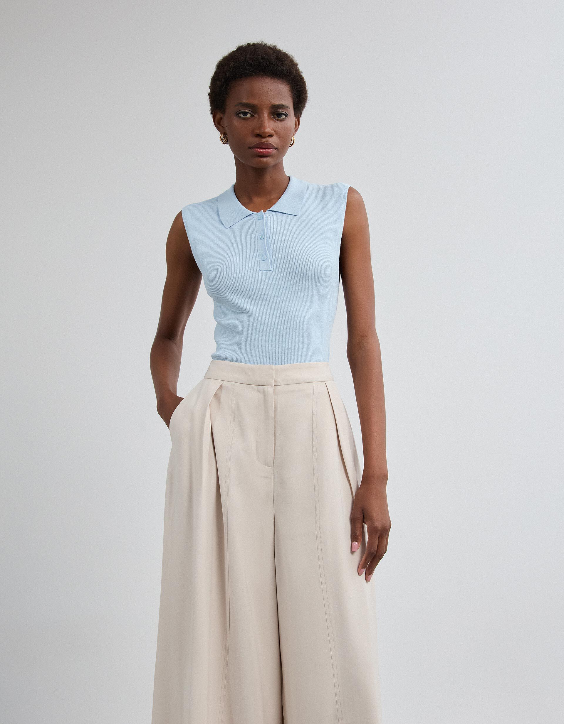 Comprar Online Top Tricotado Com Gola Polo, Mulher, Azul Claro