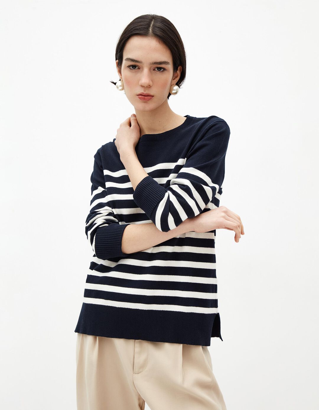 Camisola Malha Riscas, Mulher, Azul Escuro