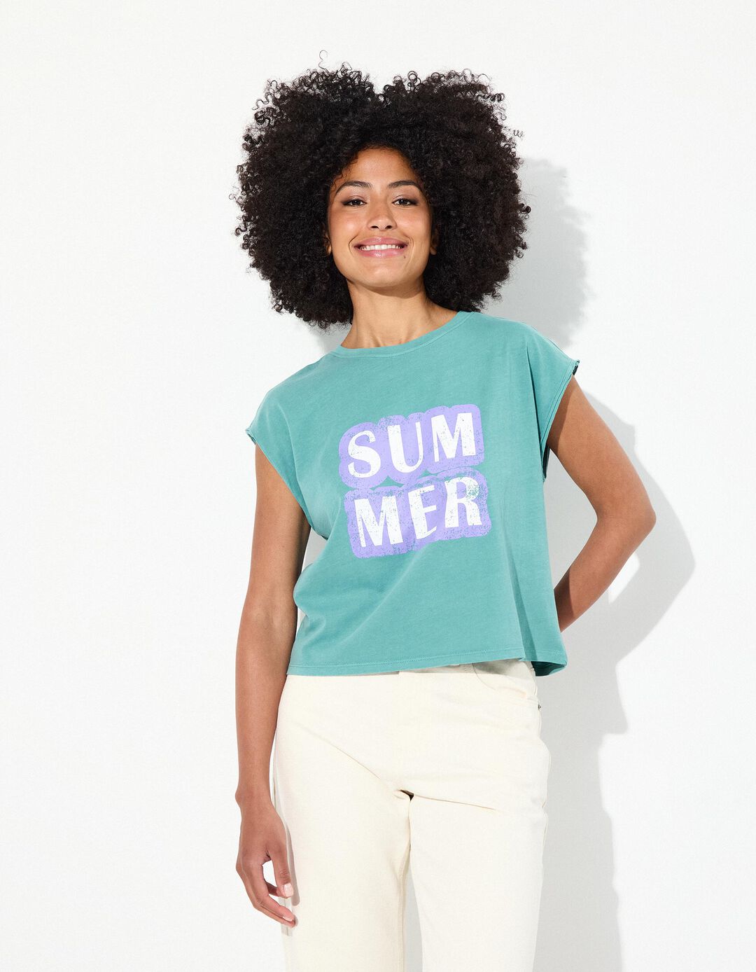 T-shirt Print sem Mangas, Mulher, Azul Claro 