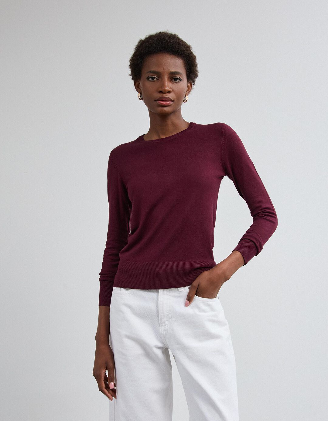 Camisola Tricotada, Mulher, Vermelho Escuro