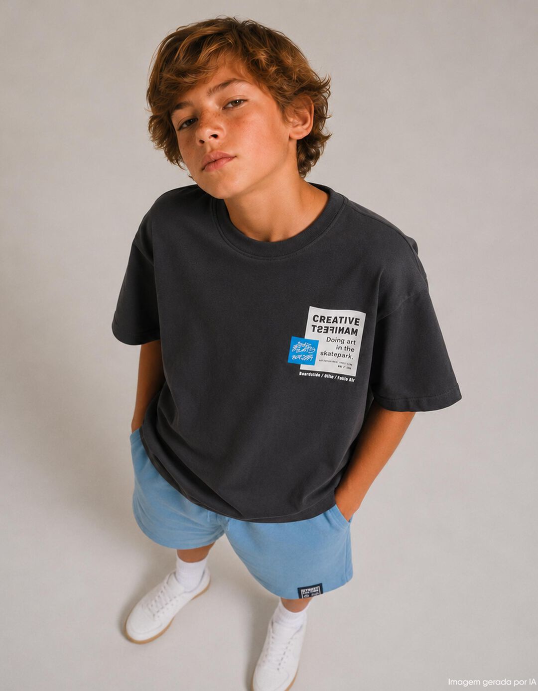 T-shirt Estampada 'Loose Fit', Menino, Cinzento Escuro