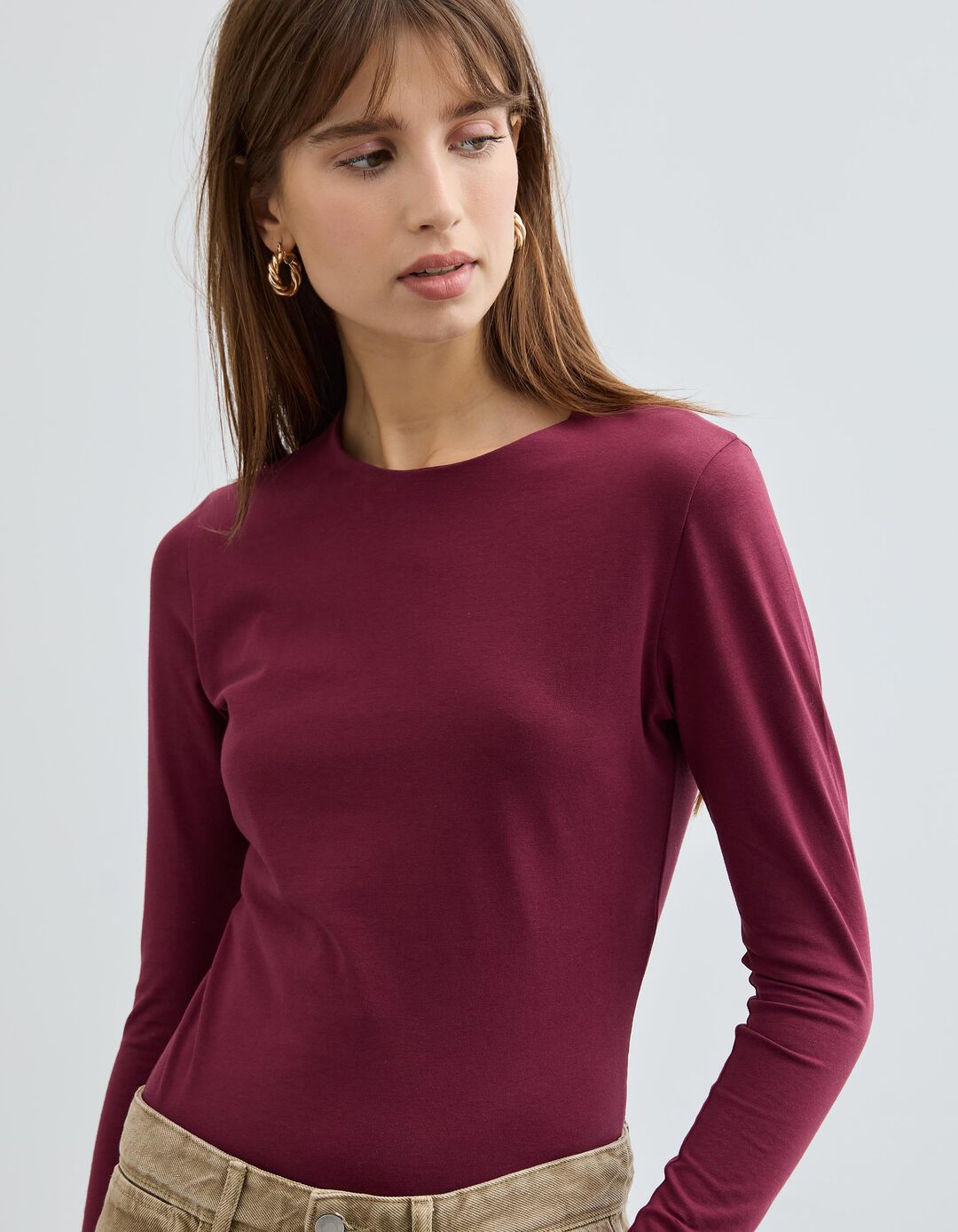 T-shirt de Manga Comprida, Mulher, Vermelho Escuro