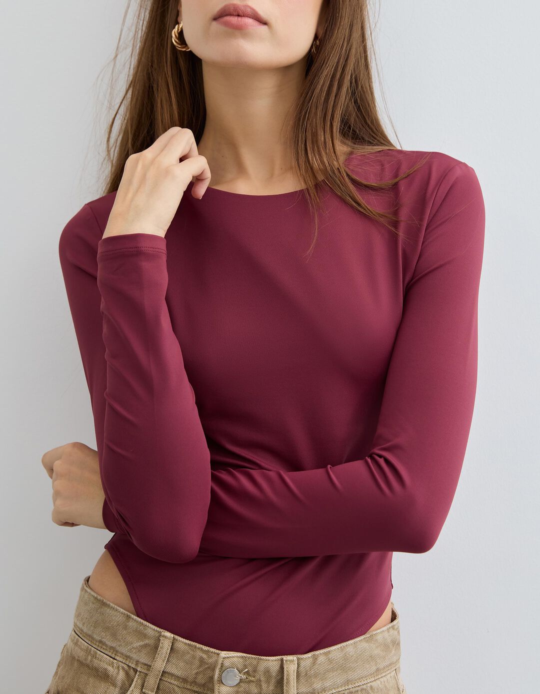 Body de Manga Comprida, Mulher, Vermelho Escuro