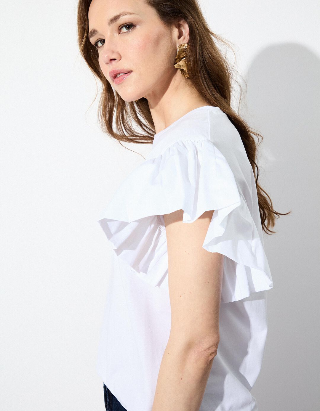 T-shirt com Mangas de Folhos, Mulher, Branco 