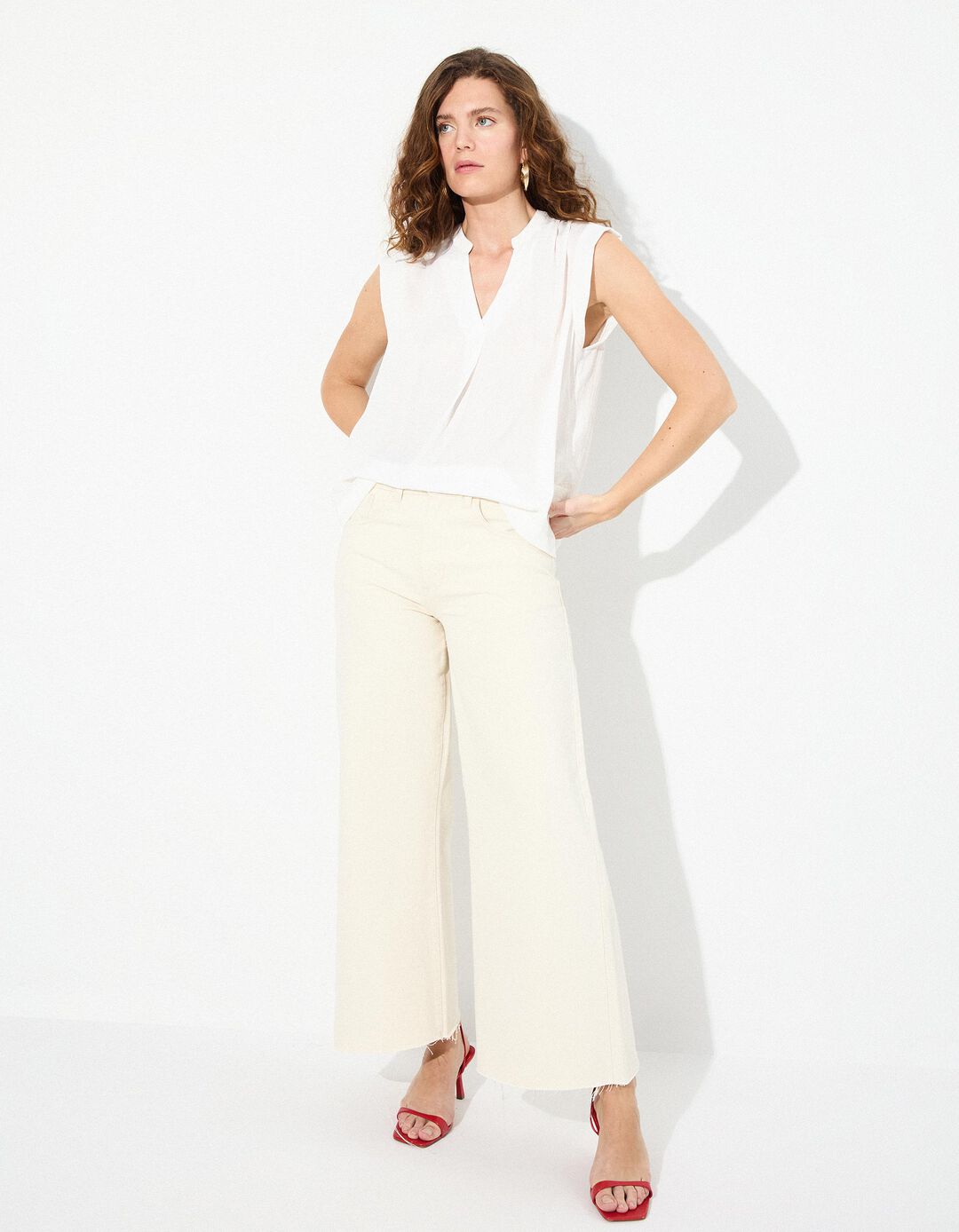Blusa Decote em V, Mulher, Bege Claro 