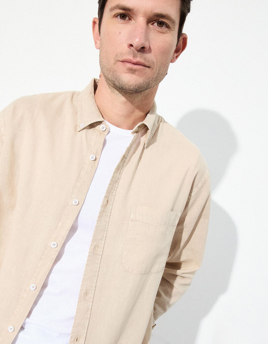 Camisa com Linho, Homem, Bege