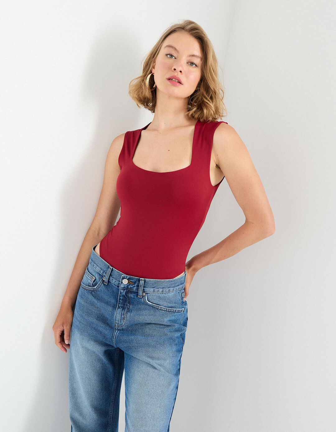 Body com Decote Quadrado, Mulher, Vermelho Escuro