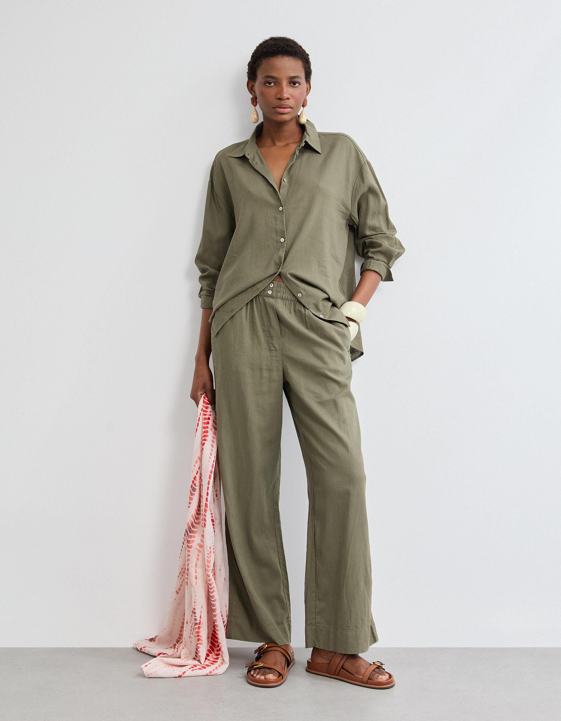 Comprar Online Cal&ccedil;as com Linho, Mulher, Verde Escuro