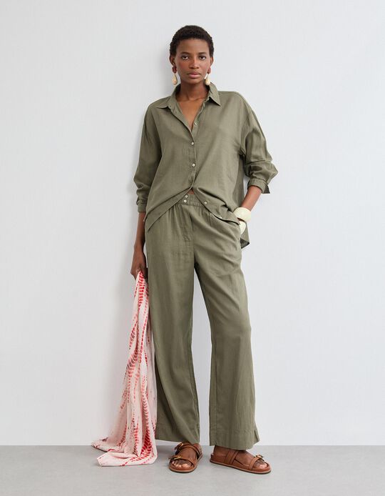 Comprar Online Cal&ccedil;as com Linho, Mulher, Verde Escuro