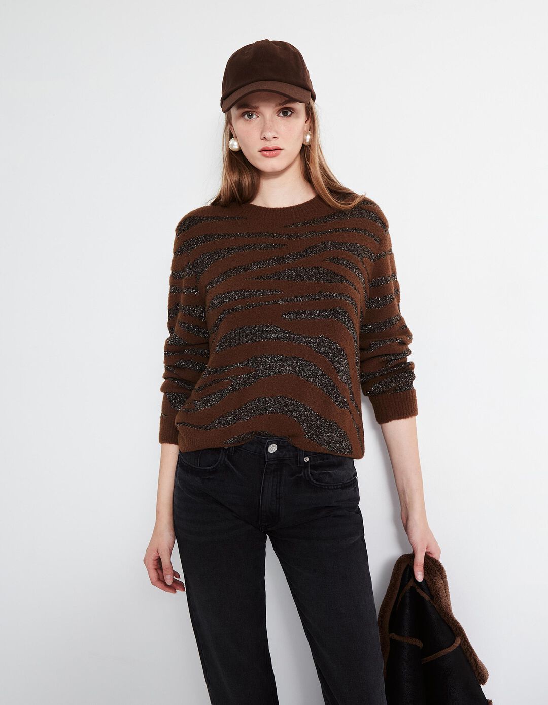 Camisola de Malha Zebra, Mulher, Castanho