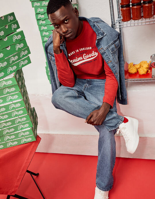 Comprar Online T-shirt de Manga Comprida Estampado, Homem, Vermelho