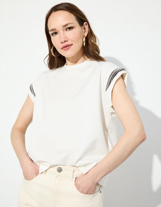 Comprar Online T-shirt com Brilhantes, Mulher, Bege Claro 