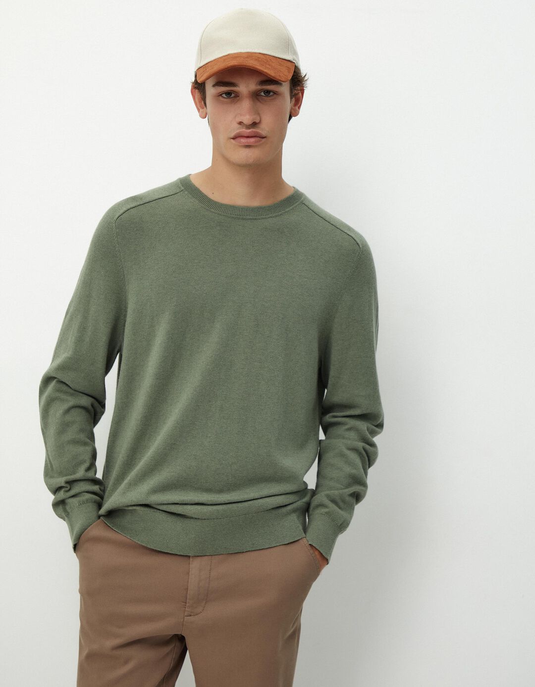 Camisola Mistura de Caxemira Decote Redondo, Homem, Verde