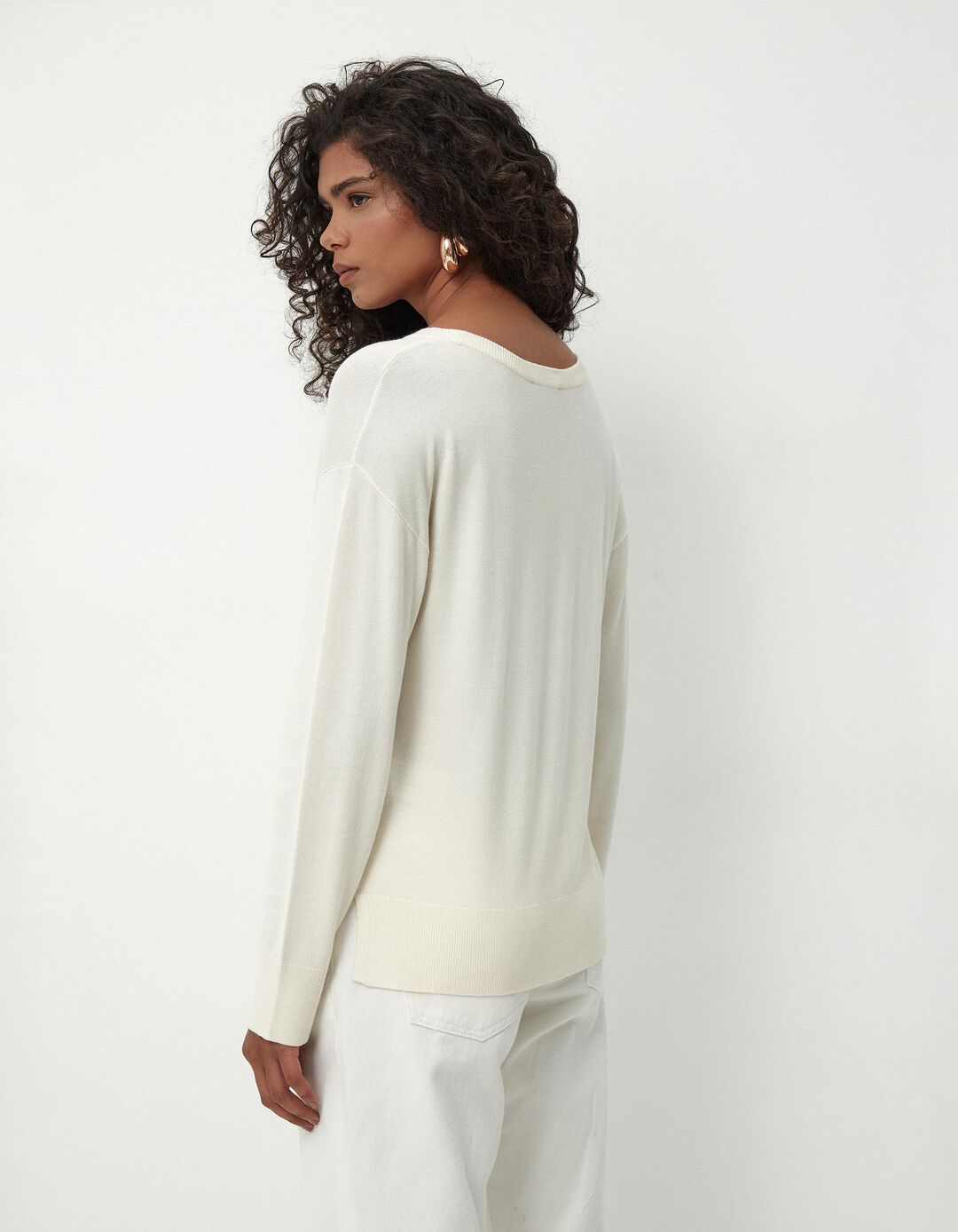 Camisola de Malha Decote Redondo, Mulher, Bege Claro