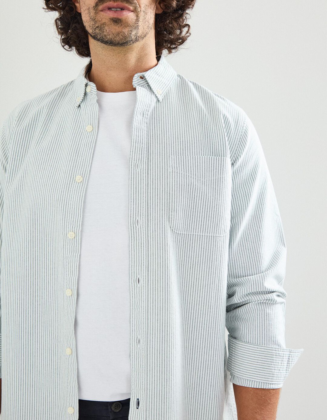 Camisa Riscas de Manga Comprida Oxford, Homem, Verde