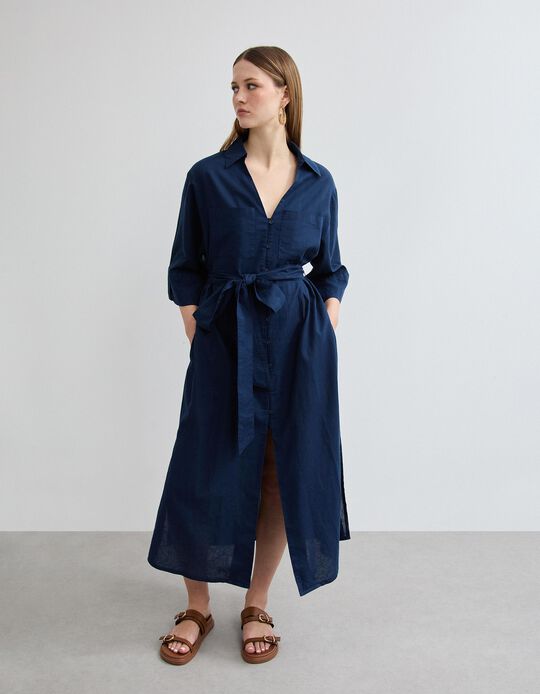 Comprar Online Vestido com Linho, Mulher, Azul Escuro