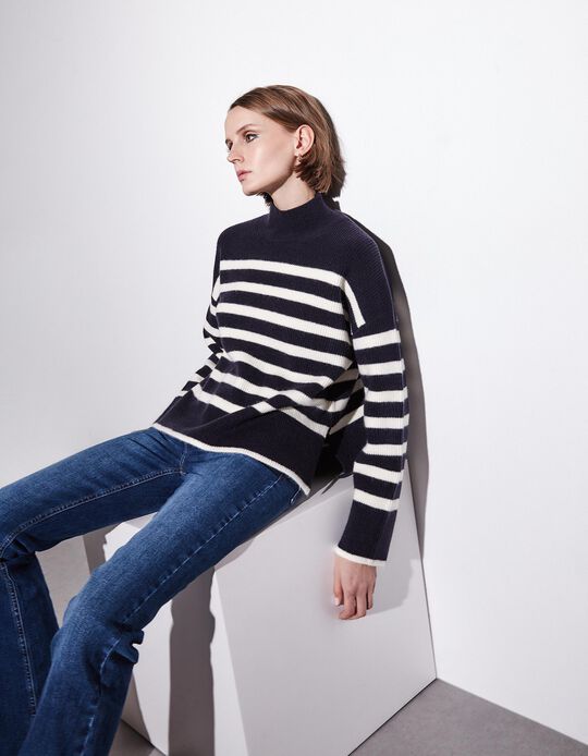 Comprar Online Camisola de Malha Riscas Gola Subida, Mulher, Azul Escuro