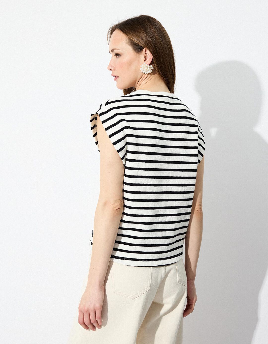 T-shirt Riscas sem Mangas, Mulher, Bege Claro 